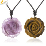 Natural Crystal Healing Stone Necklace Hand Carved Rose Flower Pendant