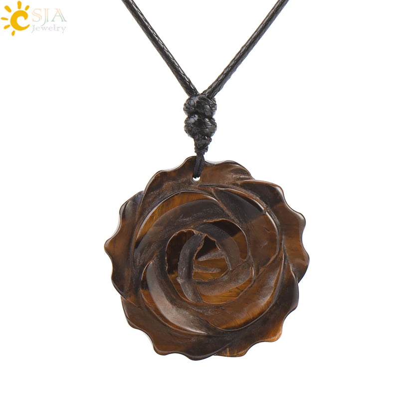 Natural Crystal Healing Stone Necklace Hand Carved Rose Flower Pendant
