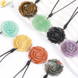 Natural Crystal Healing Stone Necklace Hand Carved Rose Flower Pendant