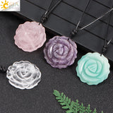 Natural Crystal Healing Stone Necklace Hand Carved Rose Flower Pendant