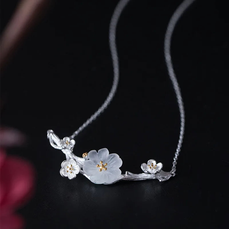 Natrl Crystal Plum Bossom Necklce 925 Sterling Silver Flower Clavicle Necklace