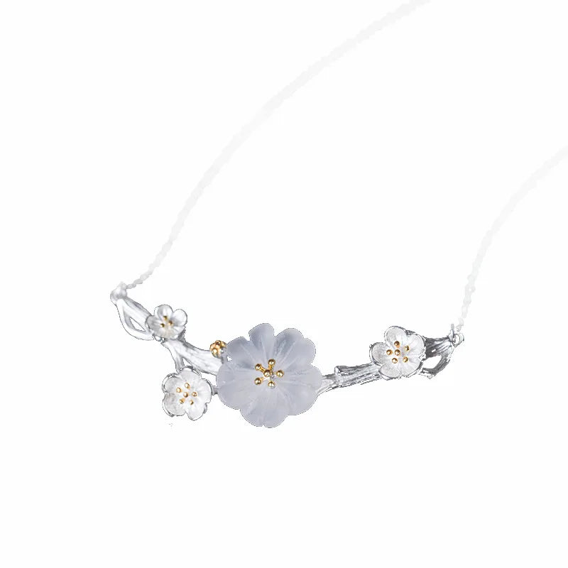 Natrl Crystal Plum Bossom Necklce 925 Sterling Silver Flower Clavicle Necklace