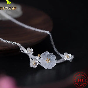 Natrl Crystal Plum Bossom Necklce 925 Sterling Silver Flower Clavicle Necklace