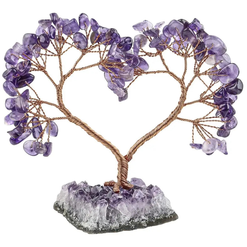 Crystal Quartz Heart Money Tree on Amethyst Base for Luck Wealth Decor