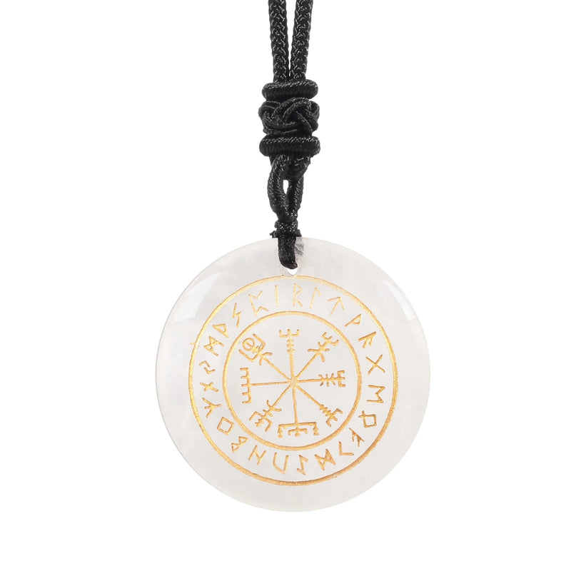 Crystal Quartz Goethe Futhark Runes Viking Compass Vegvisir Pendant Necklace