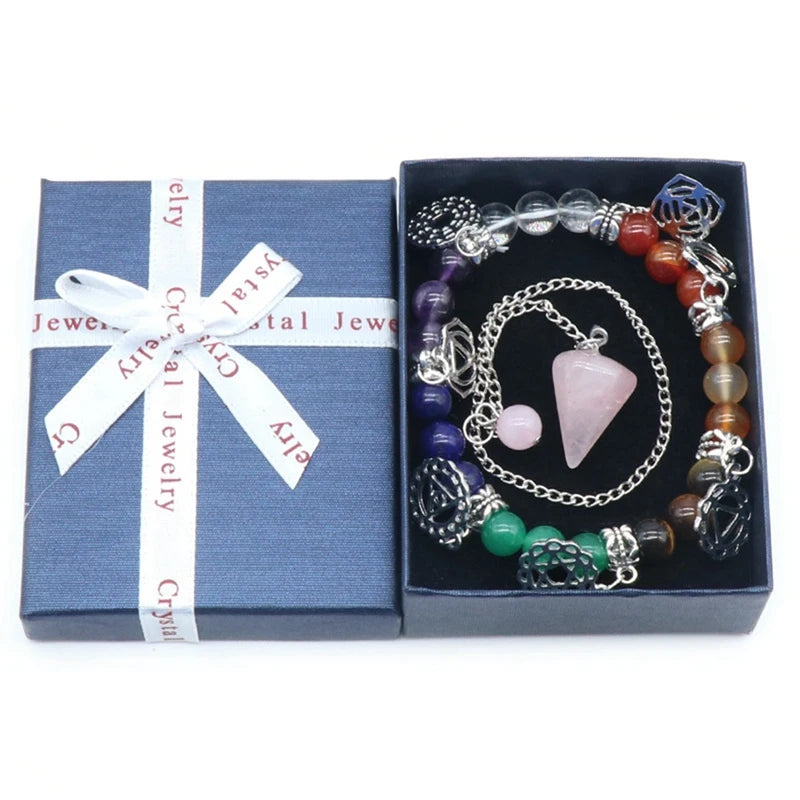 Natural Crystal 7 Chakra Stone Power Bracelet Gift Set