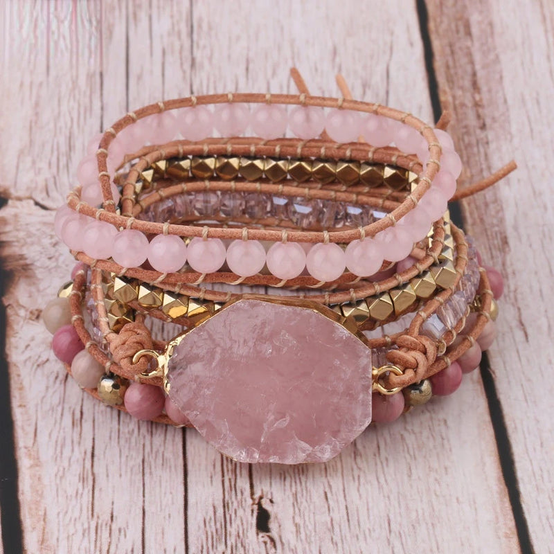 Pink Quartz Leather Wrap Bracelet Women