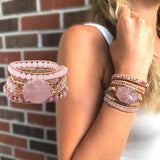 Pink Quartz Leather Wrap Bracelet Women
