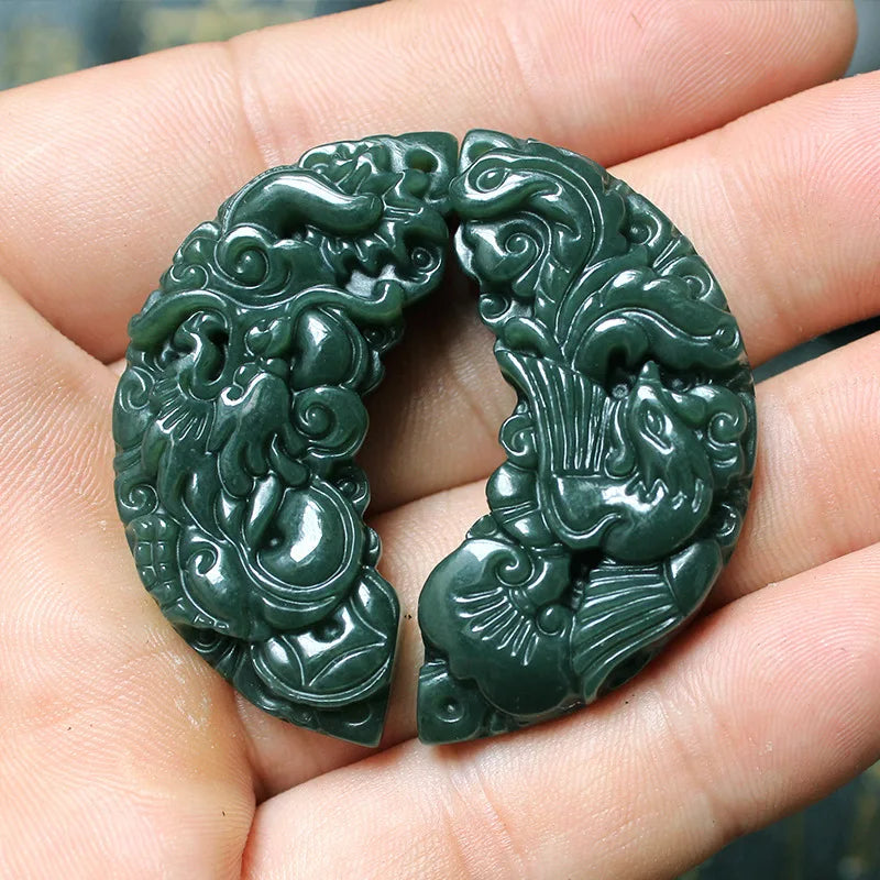 Cyan Dragon & Phoenix Pendant Charm Bracelet Hand-Carved Jewelry
