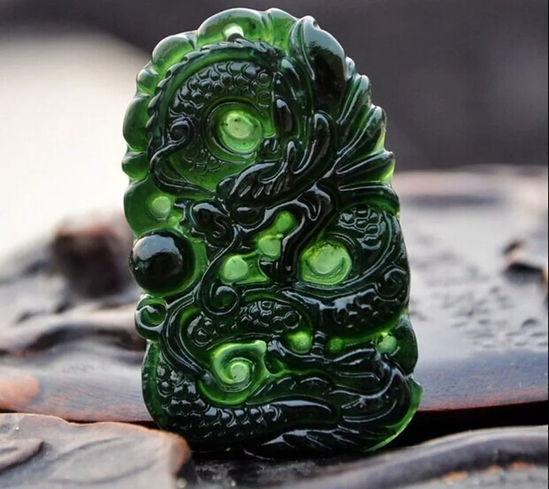 Natural Dark Green Hand-Carved Zodiac Dragon Male Jade Pendant