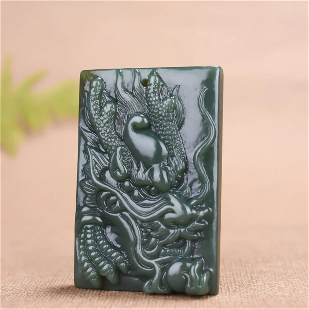 Natural Dark Green HeTian Jade Carved Chinese Dragon Lucky Big Pendant
