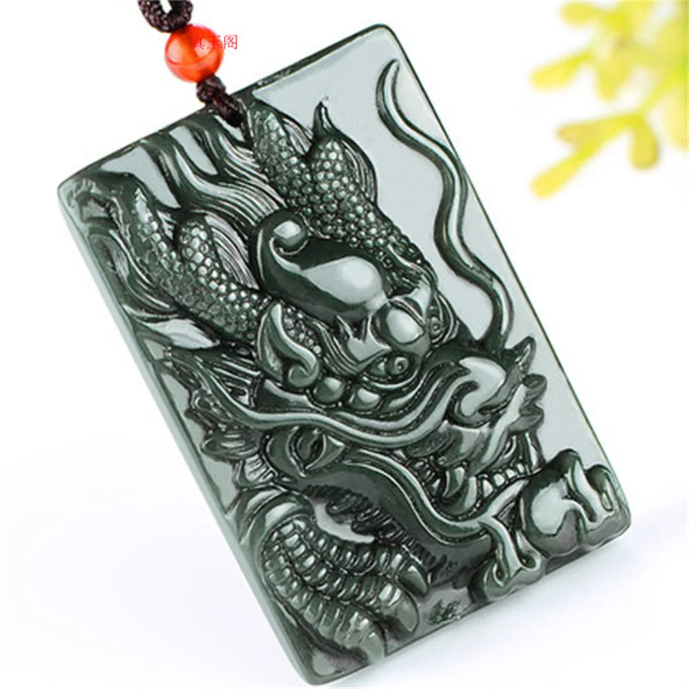 Natural Dark Green HeTian Jade Carved Chinese Dragon Lucky Big Pendant