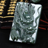 Natural Dark Green HeTian Jade Carved Chinese Dragon Lucky Big Pendant