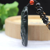 Dark Green Hetian Jade Pixiu Pendant Necklace Lucky Amulet Beaded Chain