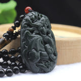 Dark Green Hetian Jade Pixiu Pendant Necklace Lucky Amulet Beaded Chain