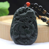 Dark Green Hetian Jade Pixiu Pendant Necklace Lucky Amulet Beaded Chain