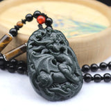 Dark Green Hetian Jade Pixiu Pendant Necklace Lucky Amulet Beaded Chain
