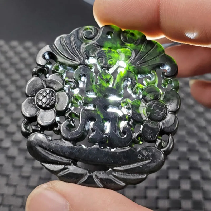 Dark Green Jade Double-sided Longevity Pendant