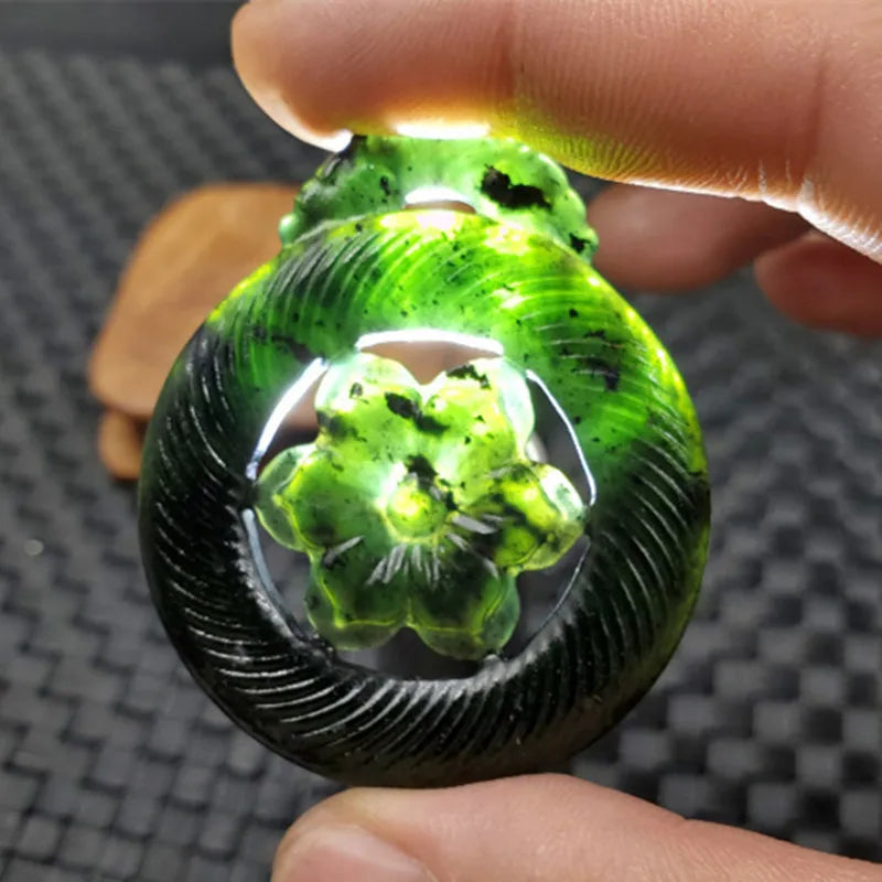 Dark Green Jade Magnolia Pendants for Men and Women - Flowers and Rich