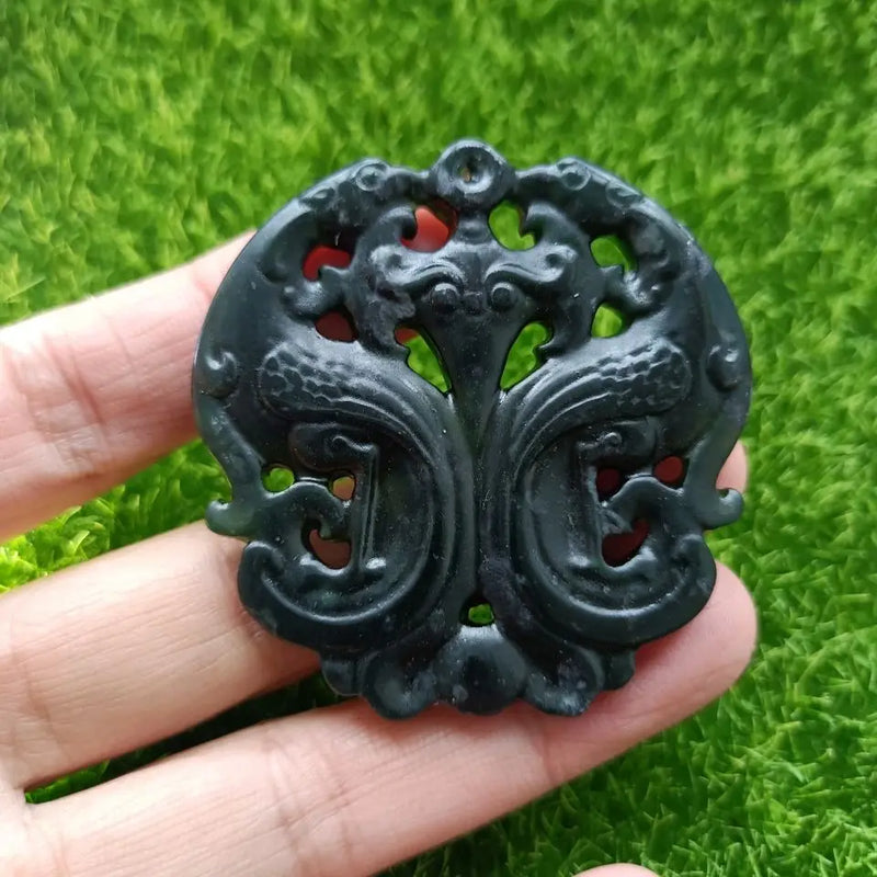 DarkGreen Jade PhoenixDance Shuangfeng Magic Pestle Pendant