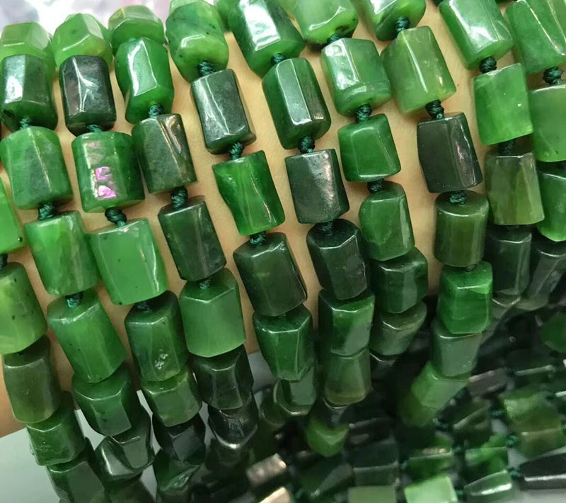 Natural Deep Green Canadian Jade Irregular Column Shape Loose Beads
