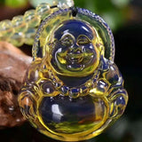 Natural Dominican Amber Buddha Pendant Beaded Chain Necklace Men Women