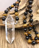 Double Quartz Point Pendant Necklace Tourmaline Tiger Eye