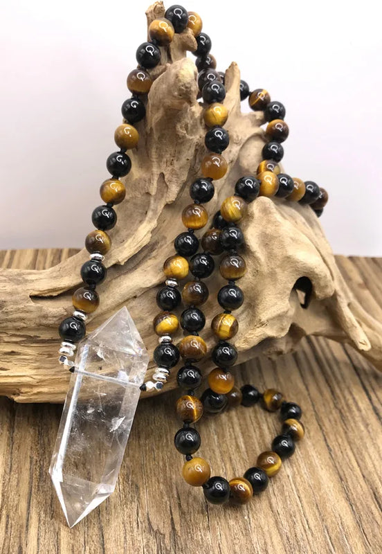 Double Quartz Point Pendant Necklace Tourmaline Tiger Eye