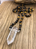 Double Quartz Point Pendant Necklace Tourmaline Tiger Eye