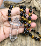 Double Quartz Point Pendant Necklace Tourmaline Tiger Eye