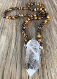 Natural Double Quartz Point Pendant Tiger eye Stone Beads Necklace
