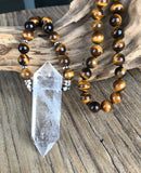 Natural Double Quartz Point Pendant Tiger eye Stone Beads Necklace