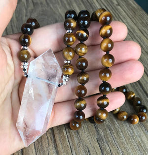 Natural Double Quartz Point Pendant Tiger eye Stone Beads Necklace