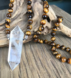 Natural Double Quartz Point Pendant Tiger eye Stone Beads Necklace