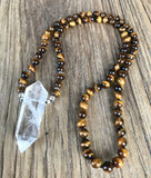 Natural Double Quartz Point Pendant Tiger eye Stone Beads Necklace