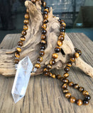 Natural Double Quartz Point Pendant Tiger eye Stone Beads Necklace