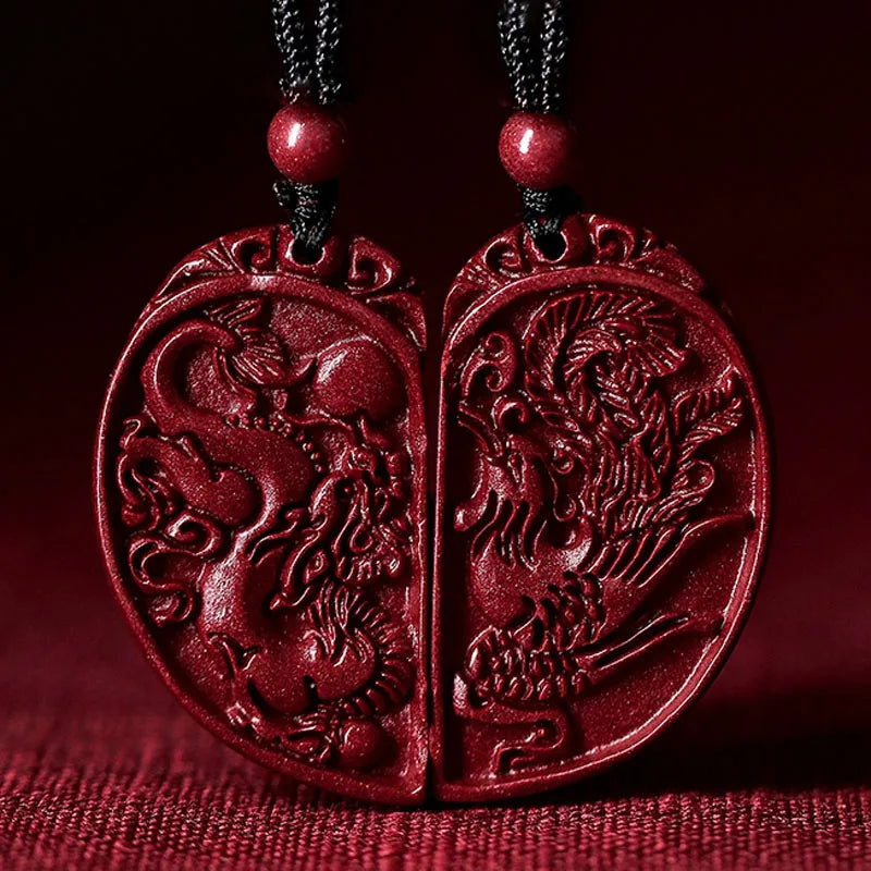 Dragon Phoenix Cinnabar Pendant Necklace Amulet Crystal Jewelry