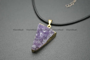 Druzy Amethyst Stone Pendant Leather Cord Necklace