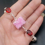 Druzy Blood Red Garnet Silver Charm Bracelet for Women