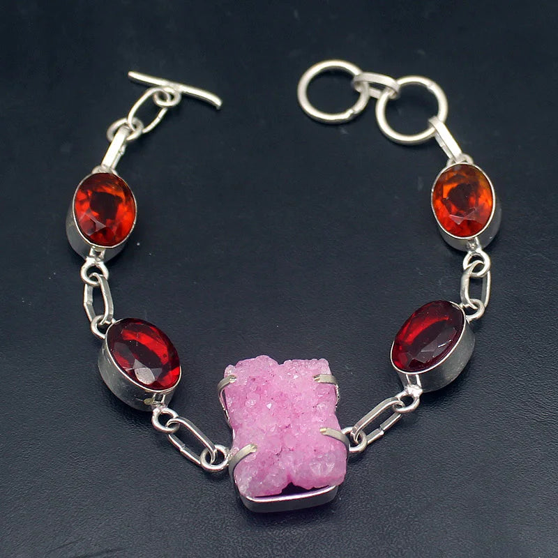 Druzy Blood Red Garnet Silver Charm Bracelet for Women