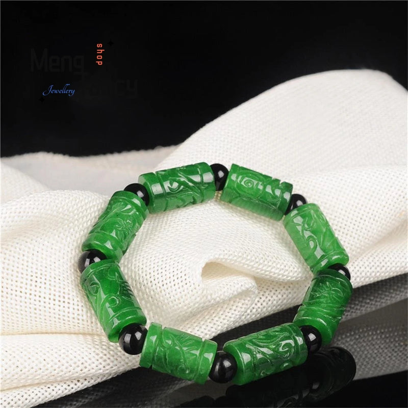 Green Jadeite Longevity Bracelet Charms Retro Fine Jewelry