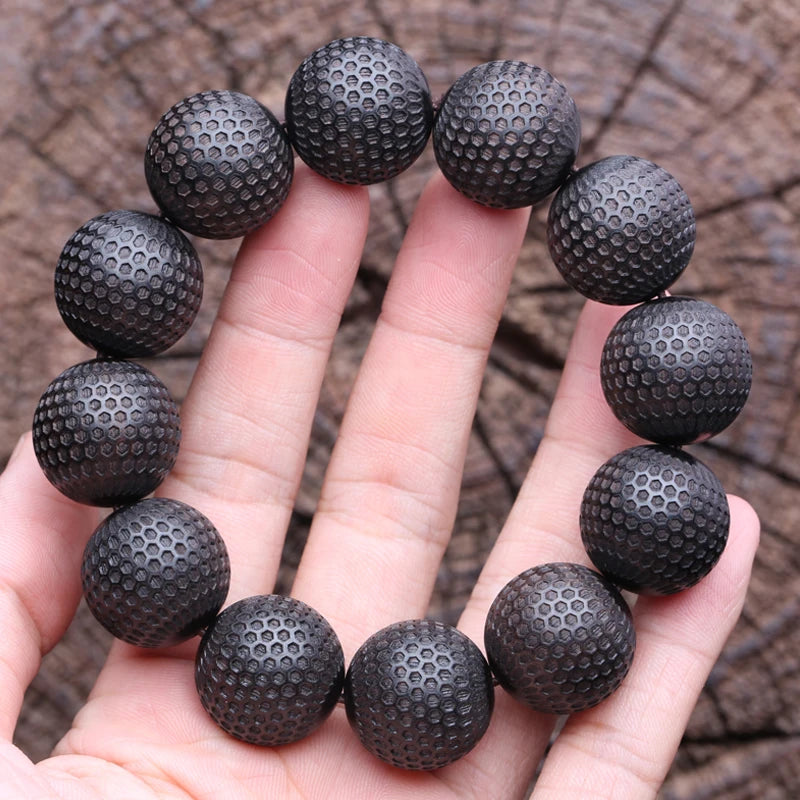 Men's Ebony Wooden Bead Bracelet Buddha Beads Carved Good Luck Stretch