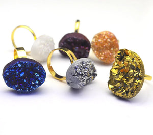Natural Electroplating Crystal Druzy Finger Ring Charm Golden Rings