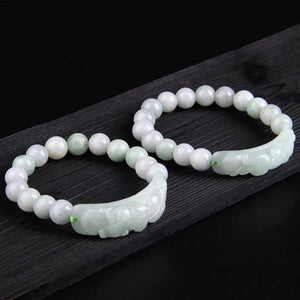 10mm Natural Emerald Bead Pixiu Bracelet Hand-Carved Woman Amulet