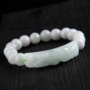 10mm Natural Emerald Bead Pixiu Bracelet Hand-Carved Woman Amulet