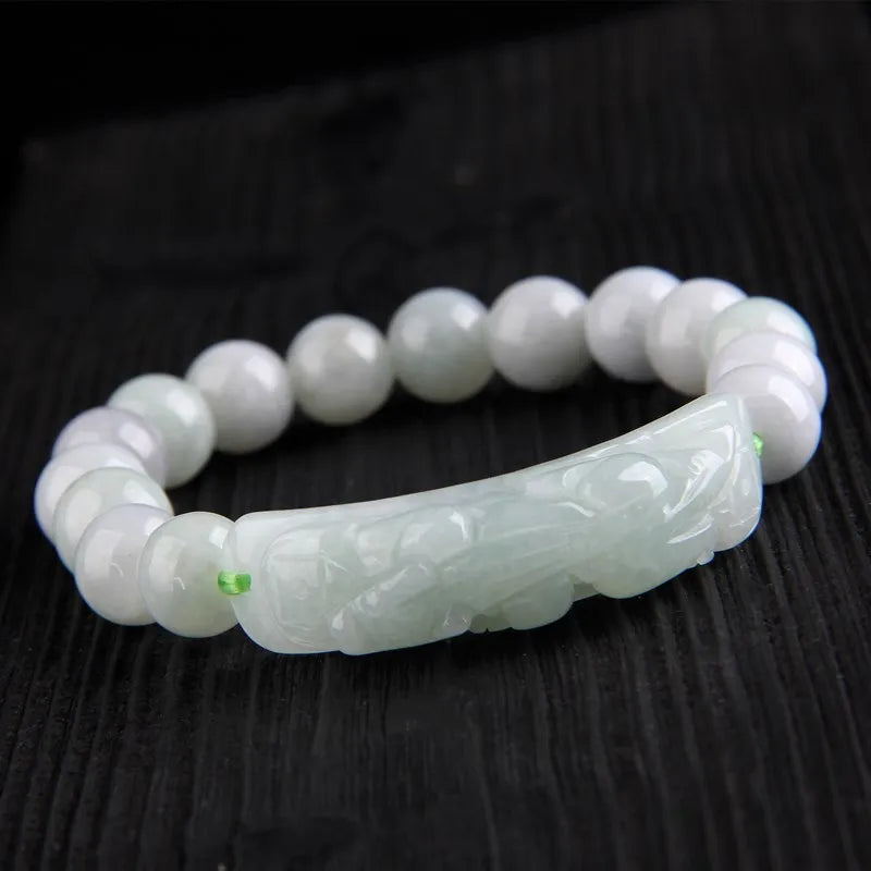 10mm Natural Emerald Bead Pixiu Bracelet Hand-Carved Woman Amulet