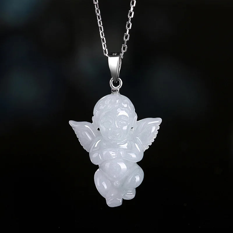 Emerald Carved Lucky Angel Jade Pendant Chinese Necklace Charm