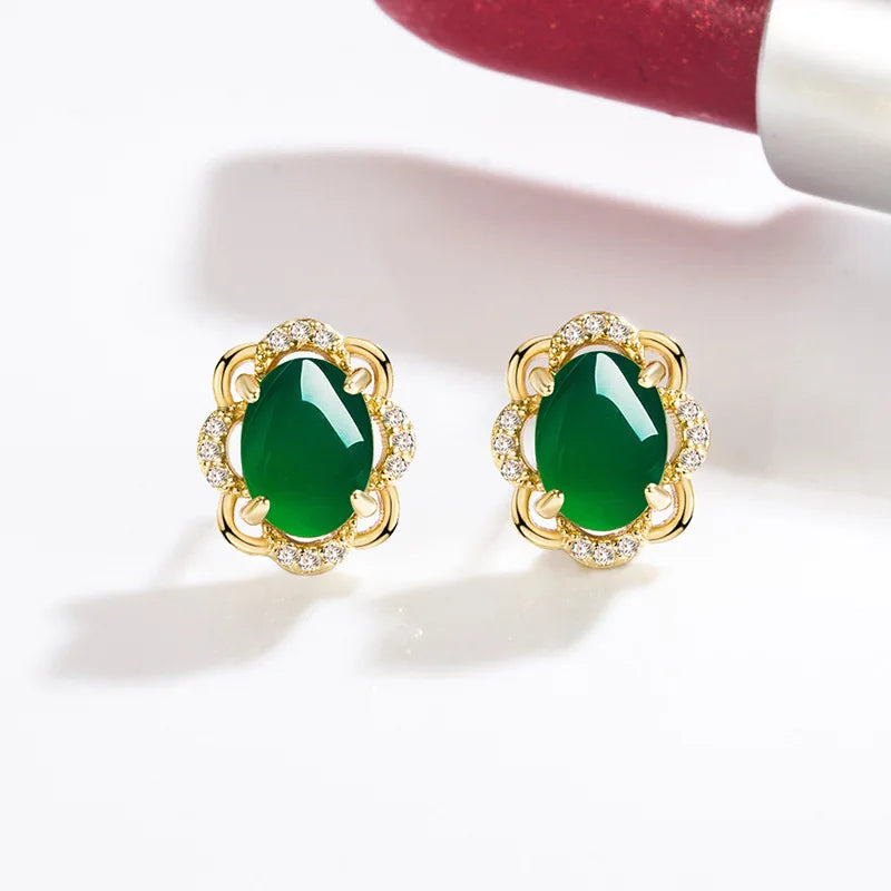 18k Natural Emerald Double Stud Earrings for Women Vintage Yellow