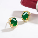 18k Natural Emerald Double Stud Earrings for Women Vintage Yellow