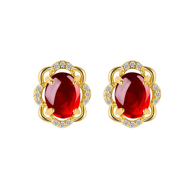 18k Natural Emerald Double Stud Earrings for Women Vintage Yellow
